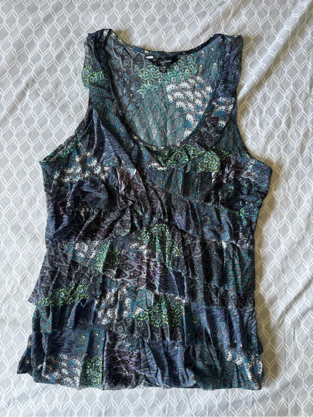 Sleeveless V-Neck Printed Tank Top - Blue & Green